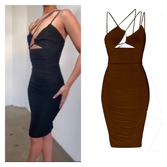 LEAU Seoul Strap Cutout Mesh Bodycon Midi Dress Brown Small NWT Sexy - Picture 1 of 11